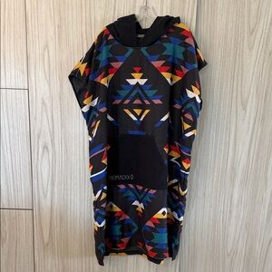 Nomad Black Hooded Poncho with Multicolor Geometric Accents
